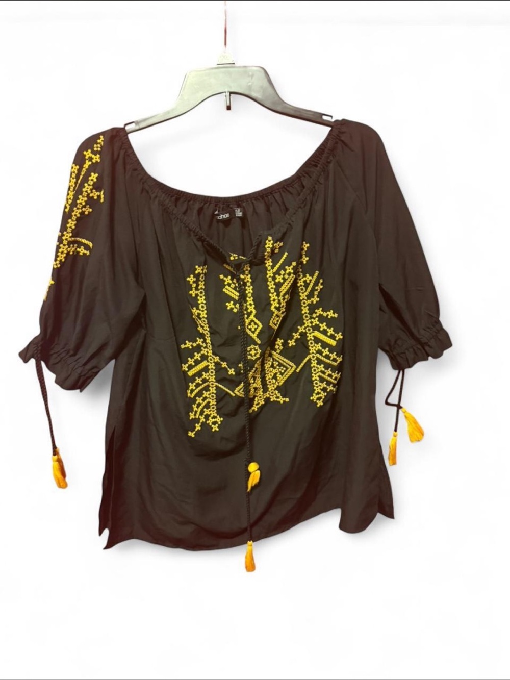 Boohoo Black Off-Shoulder Top with Yellow Artisanal Embroidery